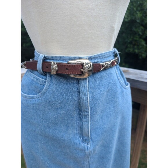 Vintage Brown Leather Belt Concho Western Slim Festival Silver Buckle M/L - Picture 3 of 8